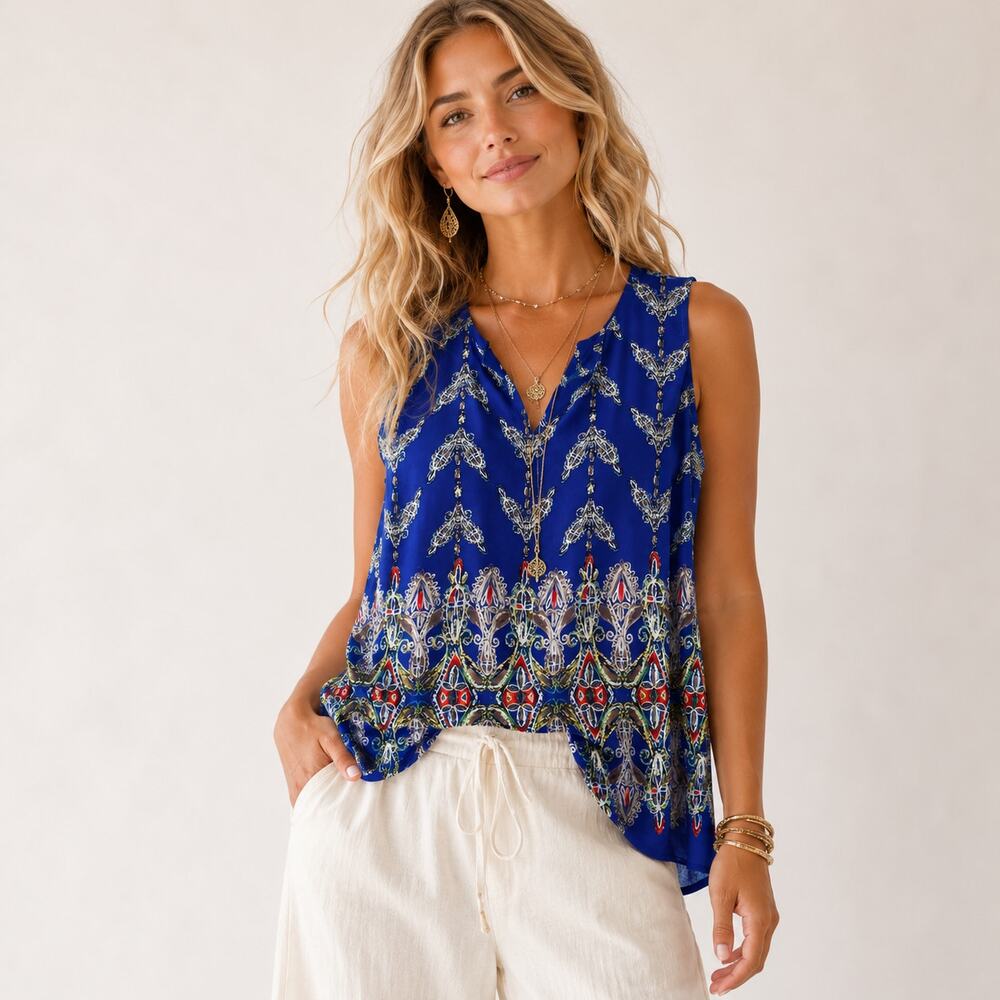 Reneec Sleeveless Blouse Women's Size L Blue Lightweight USA Boho-chic Casual